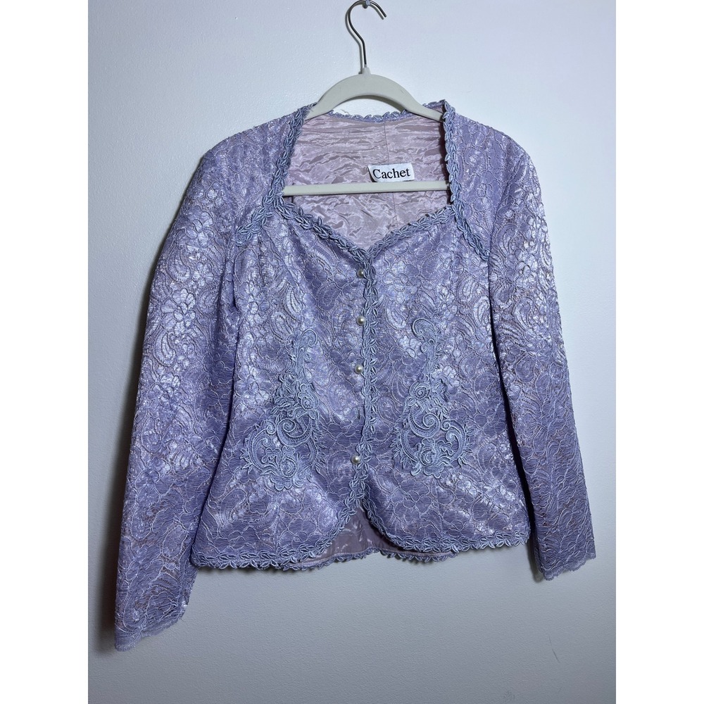 Cachet Lavender Floral Lace Evening Jacket Pearl Button Soutache Formal Purple